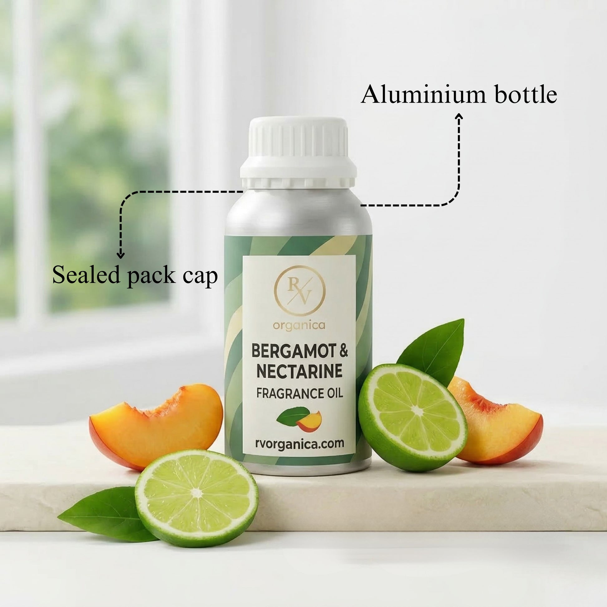 RV Organica bergamot and nectarine fragrance oil sealed aluminium bottle packaging pure safe and premium quality product