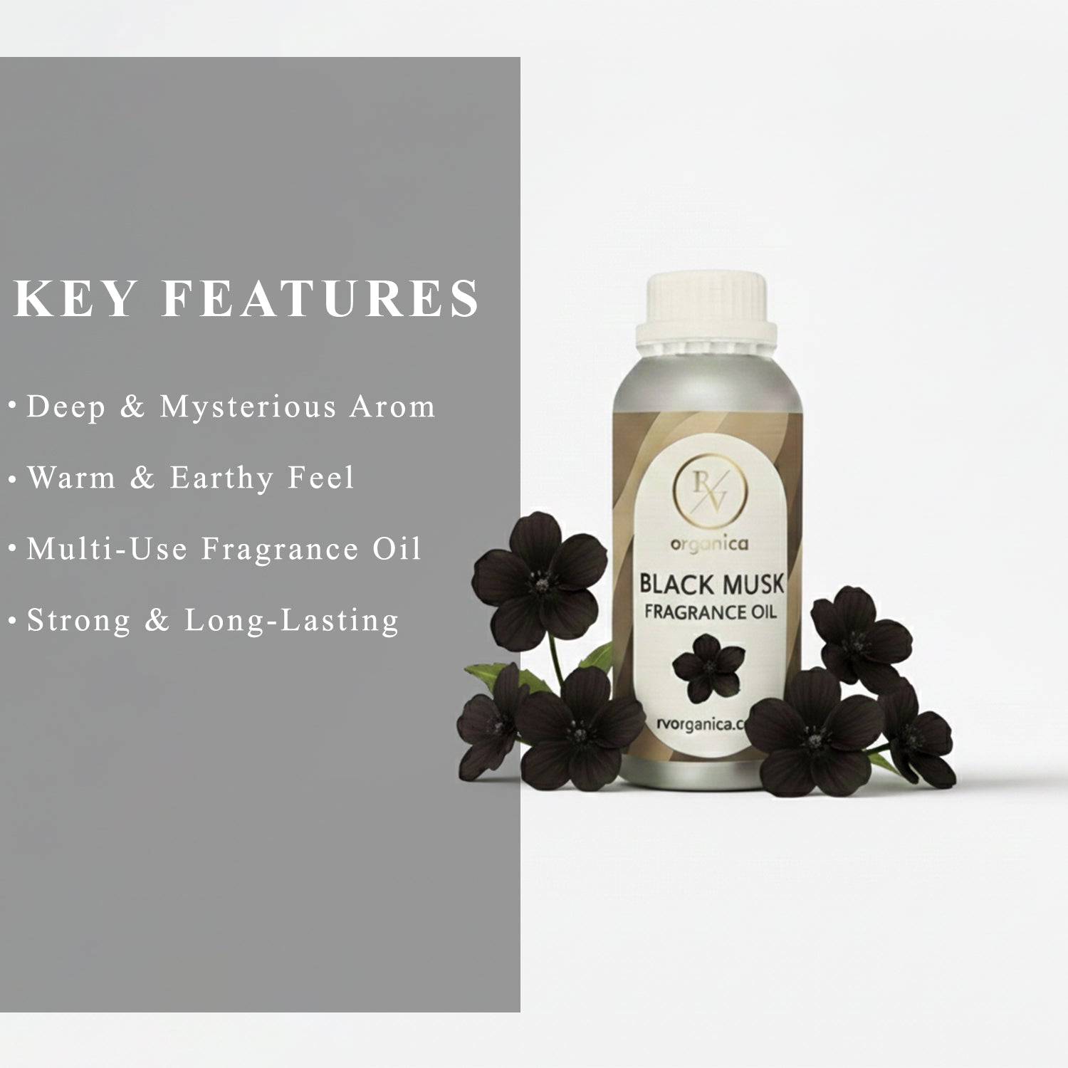 RV Organica black musk fragrance oil key features and benefits for perfume candle and soap making