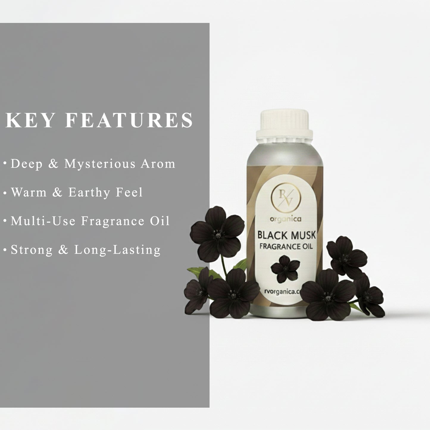 RV Organica black musk fragrance oil key features and benefits for perfume candle and soap making