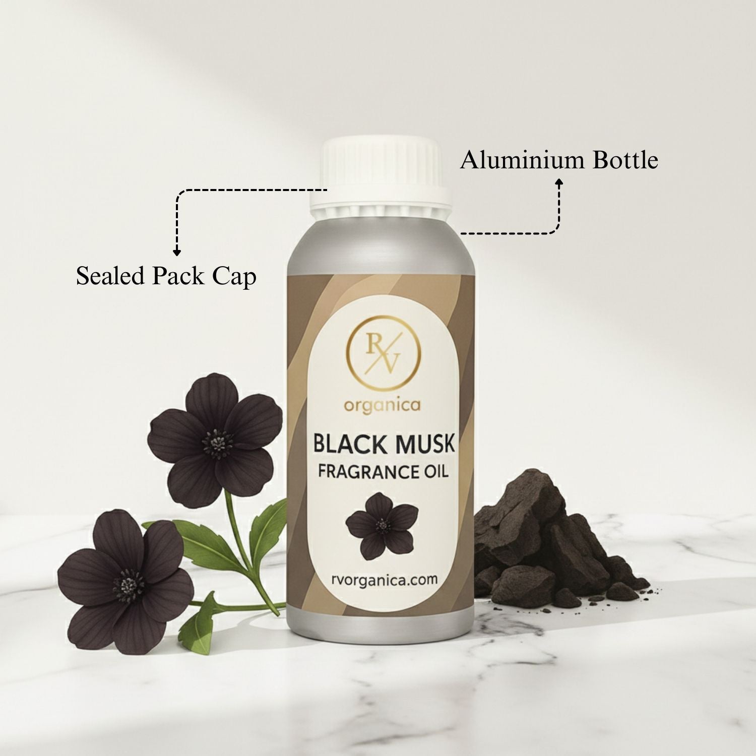 RV Organica black musk fragrance oil sealed aluminium bottle packaging pure and safe product