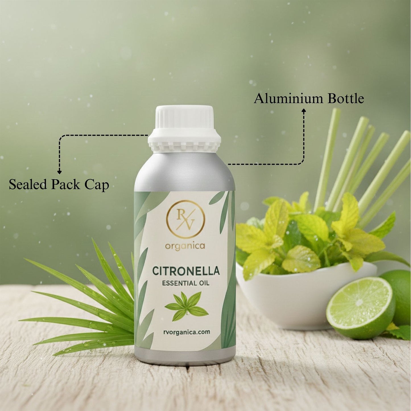 RV Organica citronella fragrance oil sealed aluminium bottle packaging pure and safe product