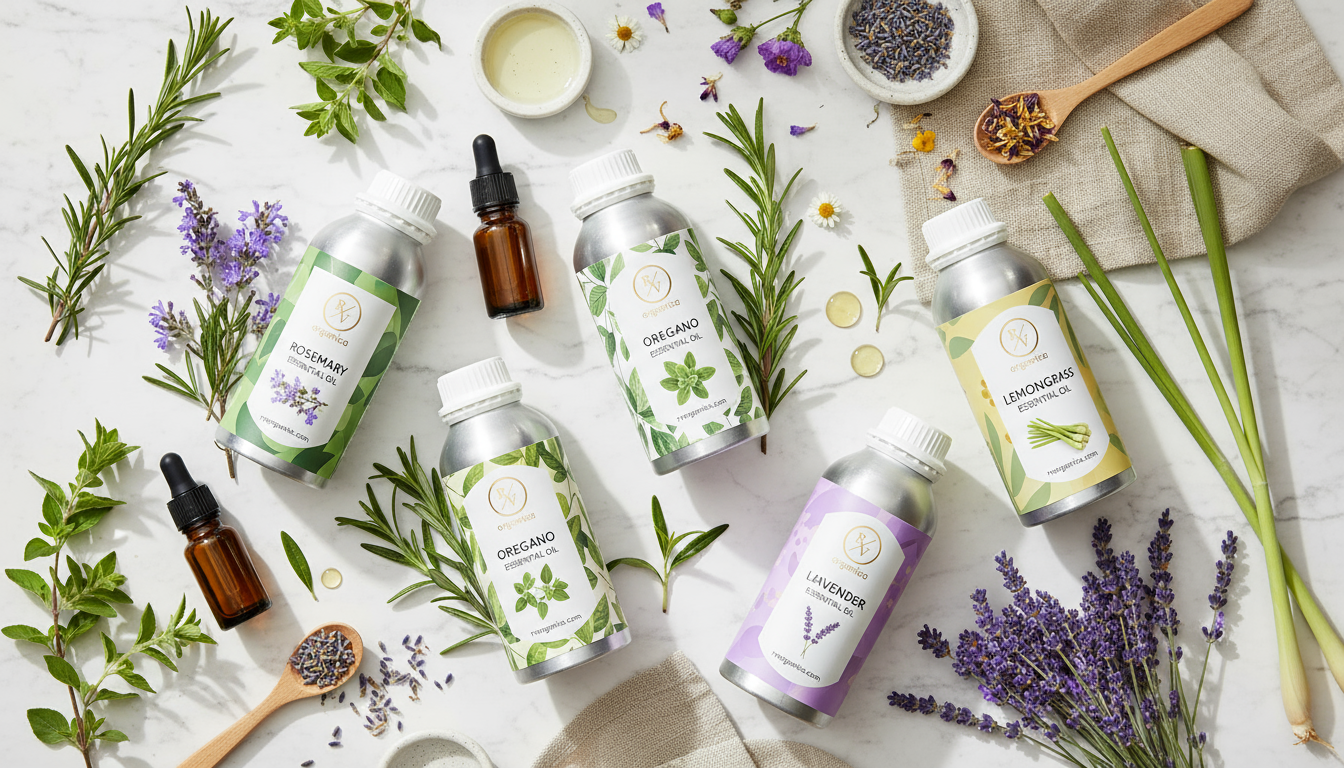 RV Organica essential oils flat lay — Rosemary, Oregano, Lemongrass and Lavender oils manufactured in India