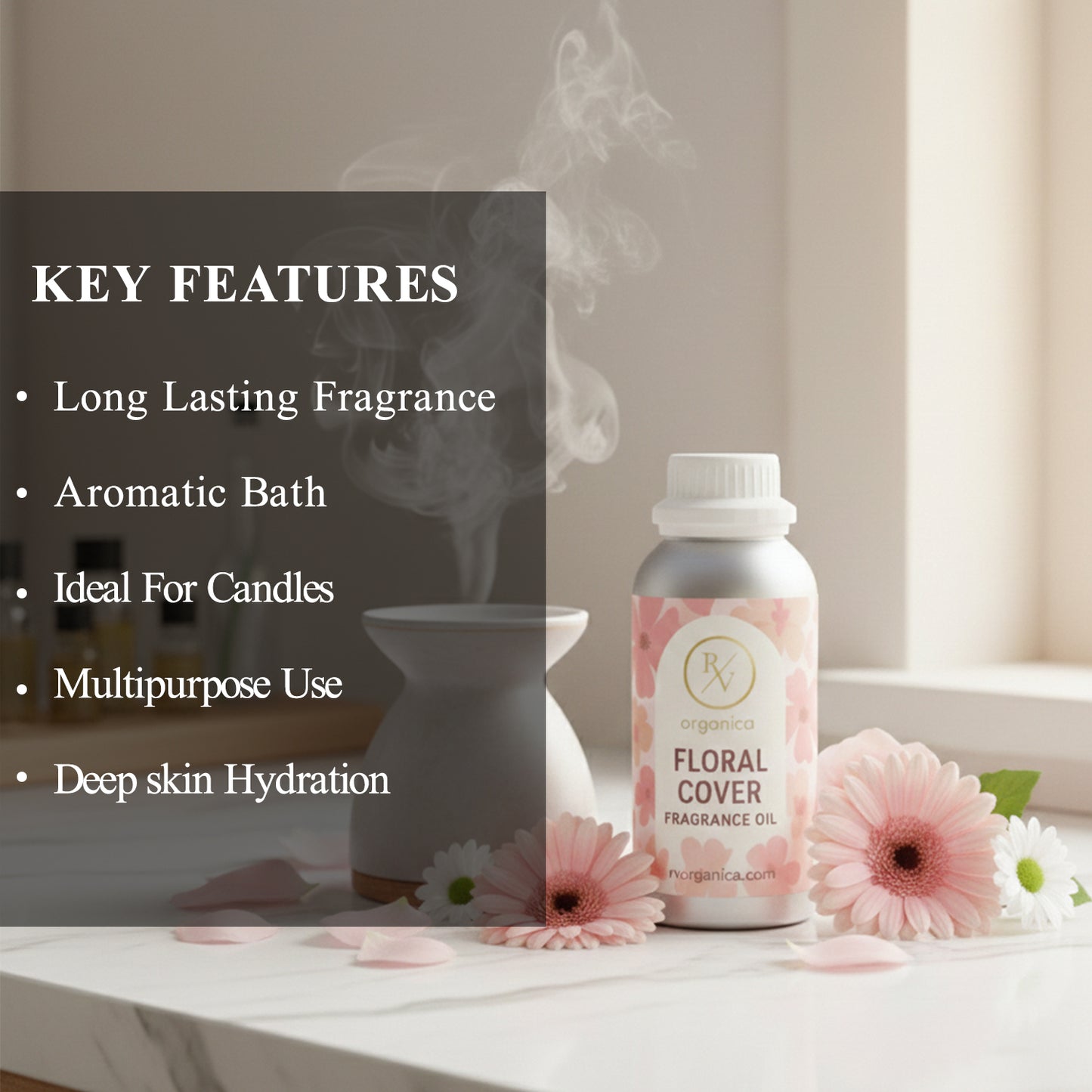 RV Organica floral cover fragrance oil key features and benefits for perfume candle soap making and home fragrance use