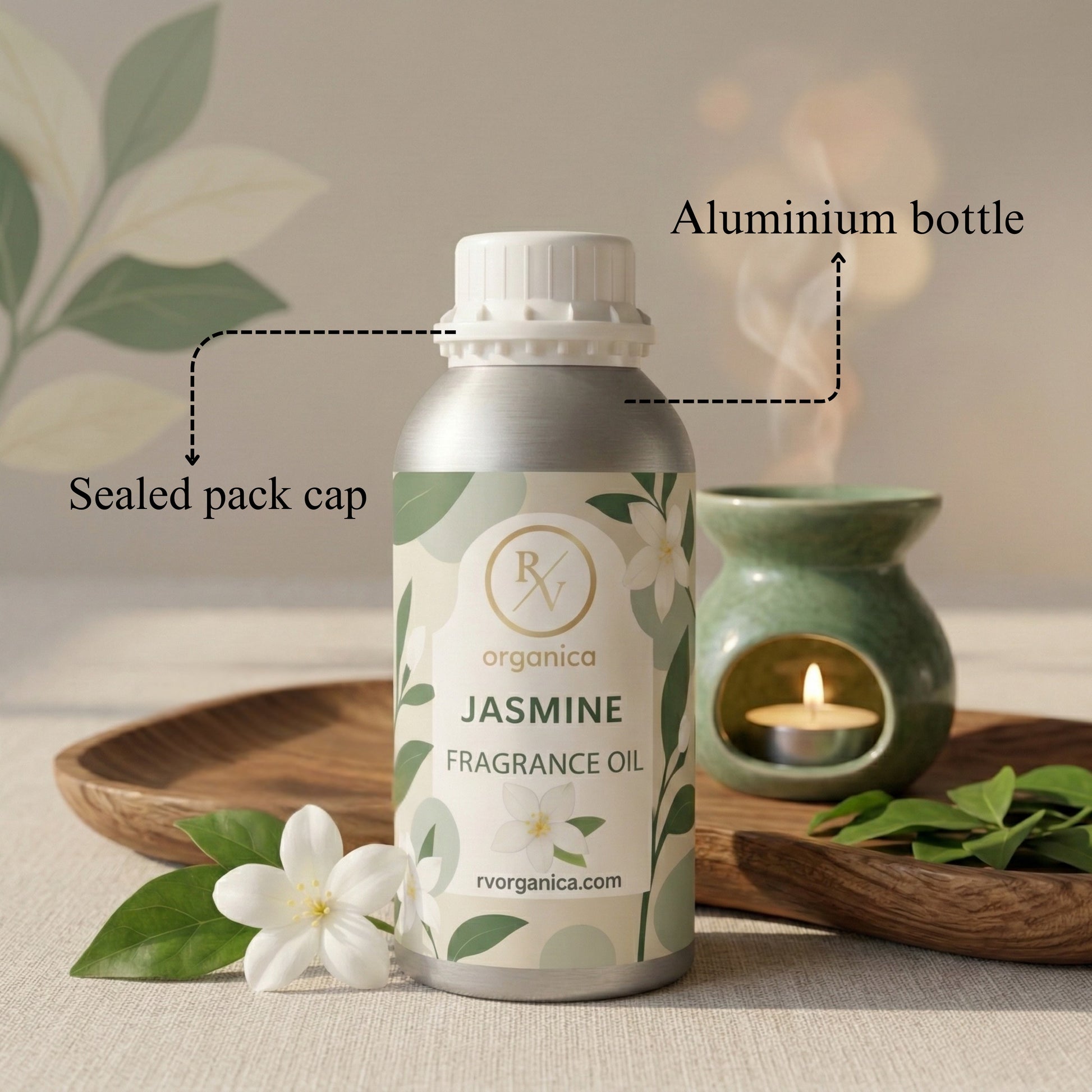 RV Organica jasmine fragrance oil sealed aluminium bottle packaging pure and safe product