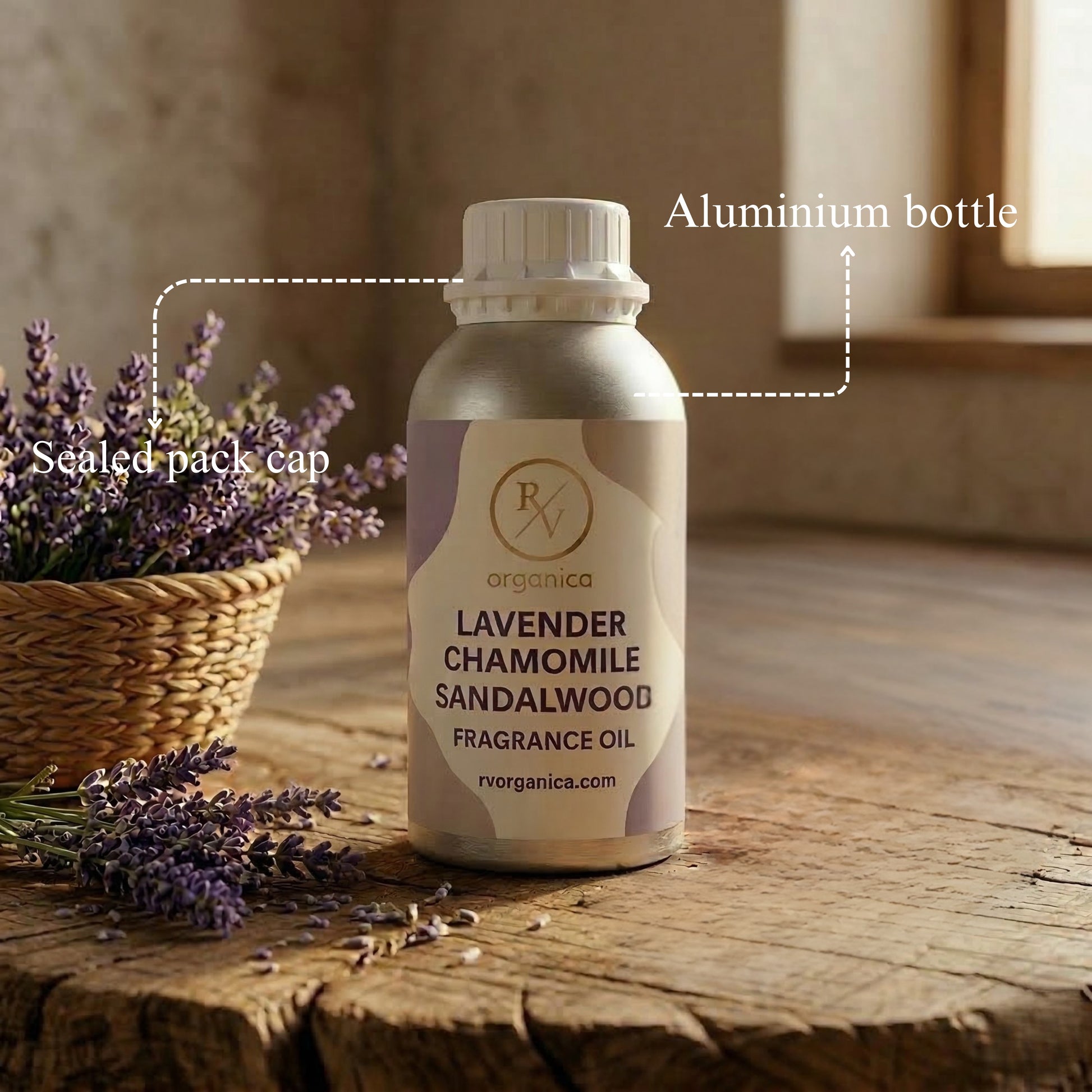RV Organica lavender chamomile sandalwood fragrance oil sealed aluminium bottle packaging pure and safe product