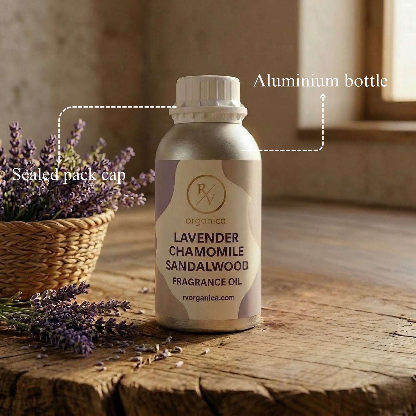 RV Organica lavender chamomile sandalwood fragrance oil sealed aluminium bottle packaging pure and safe product