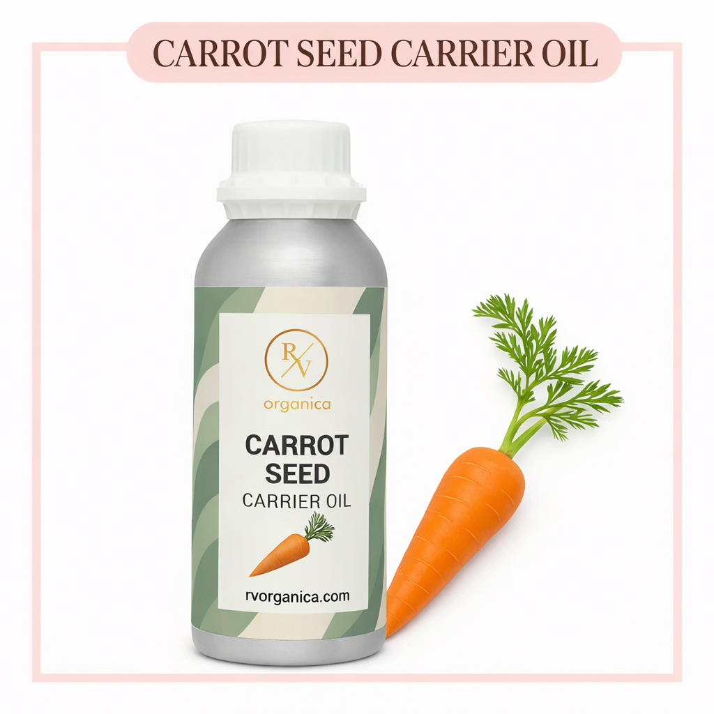 A bottle of RV Organica cold-pressed organic carrot seed oil used for facial brightening and anti-aging skincare routines
