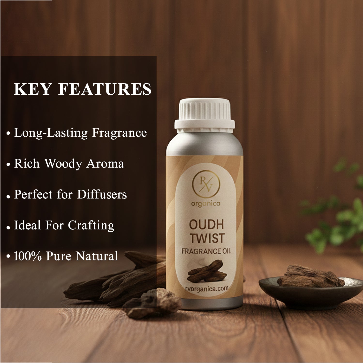 RV Organica oudh twist fragrance oil key features and benefits for perfume candle and soap making