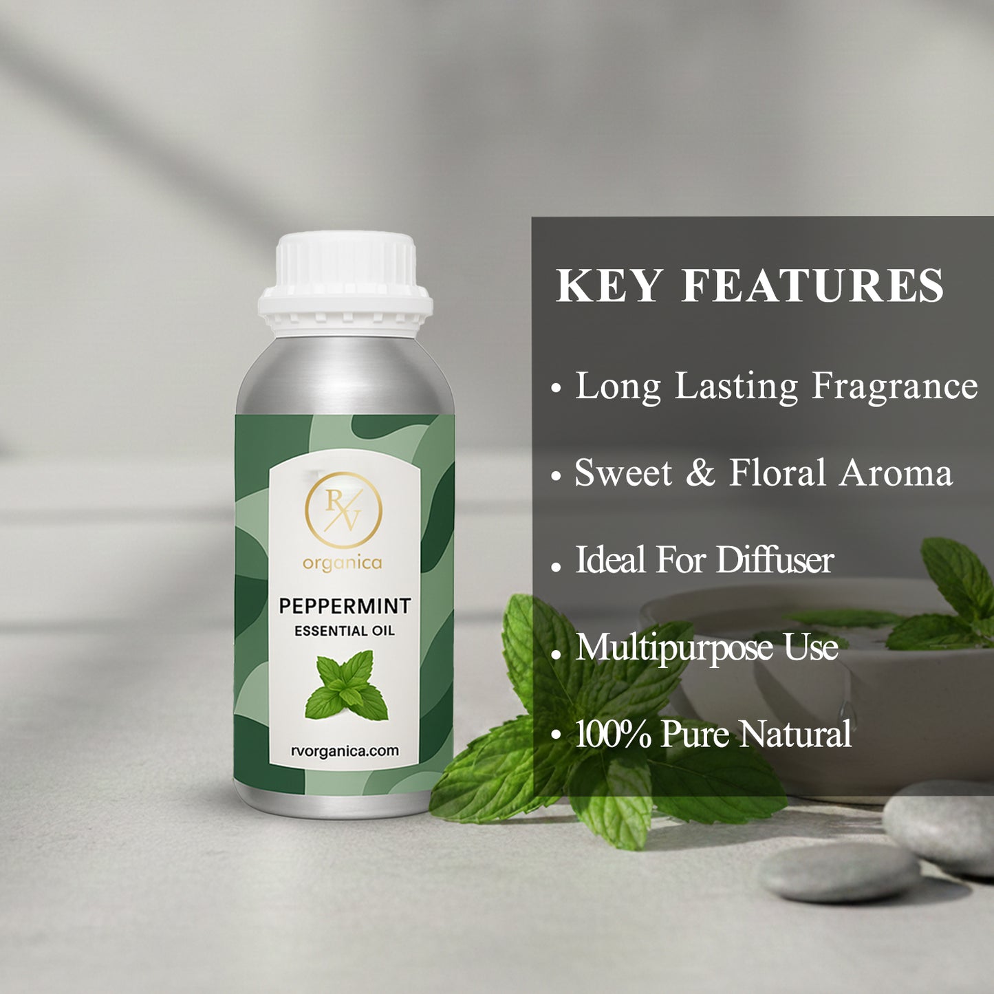 RV Organica peppermint essential oil key features and benefits for aromatherapy and wellness use