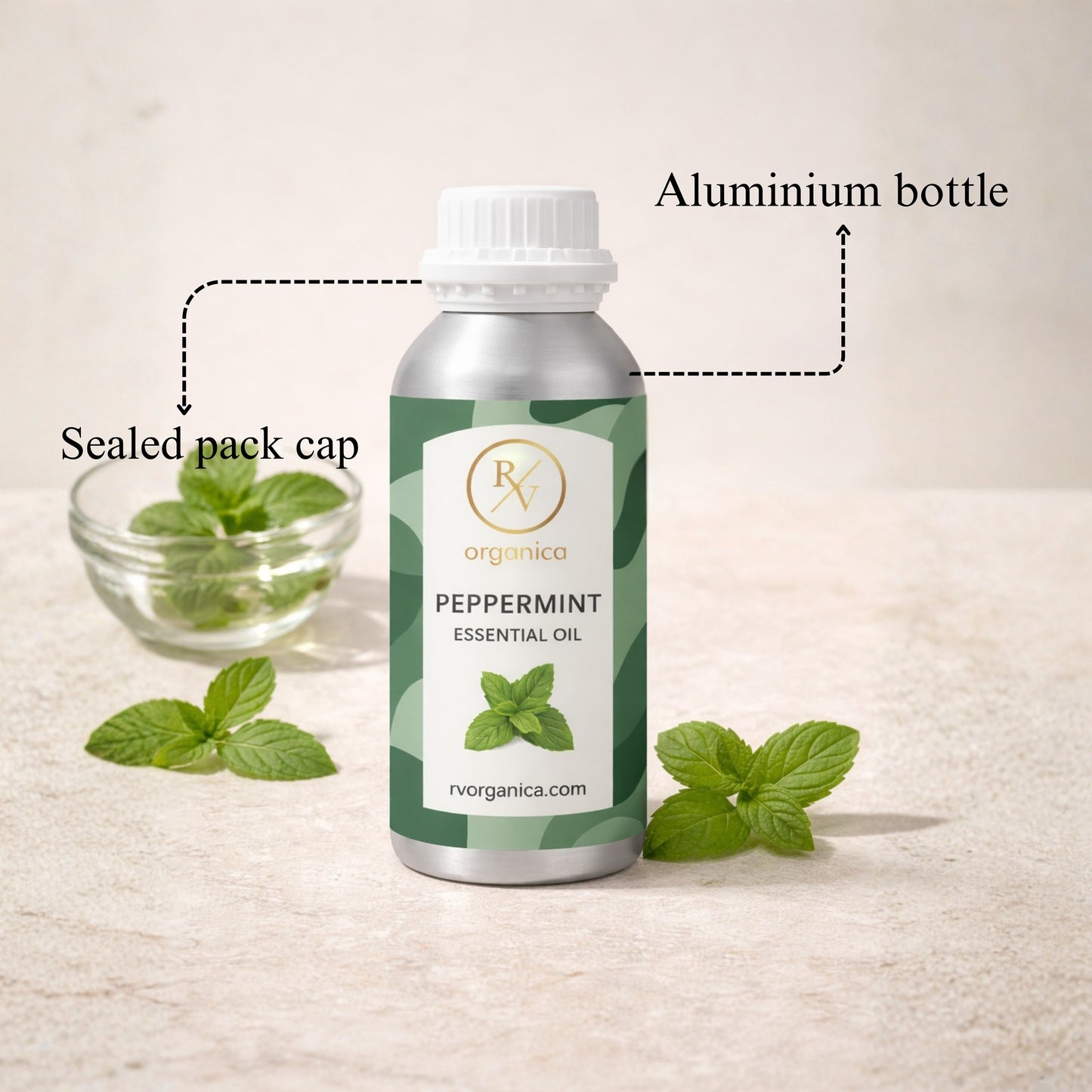 RV Organica peppermint essential oil sealed aluminium bottle packaging pure and safe product