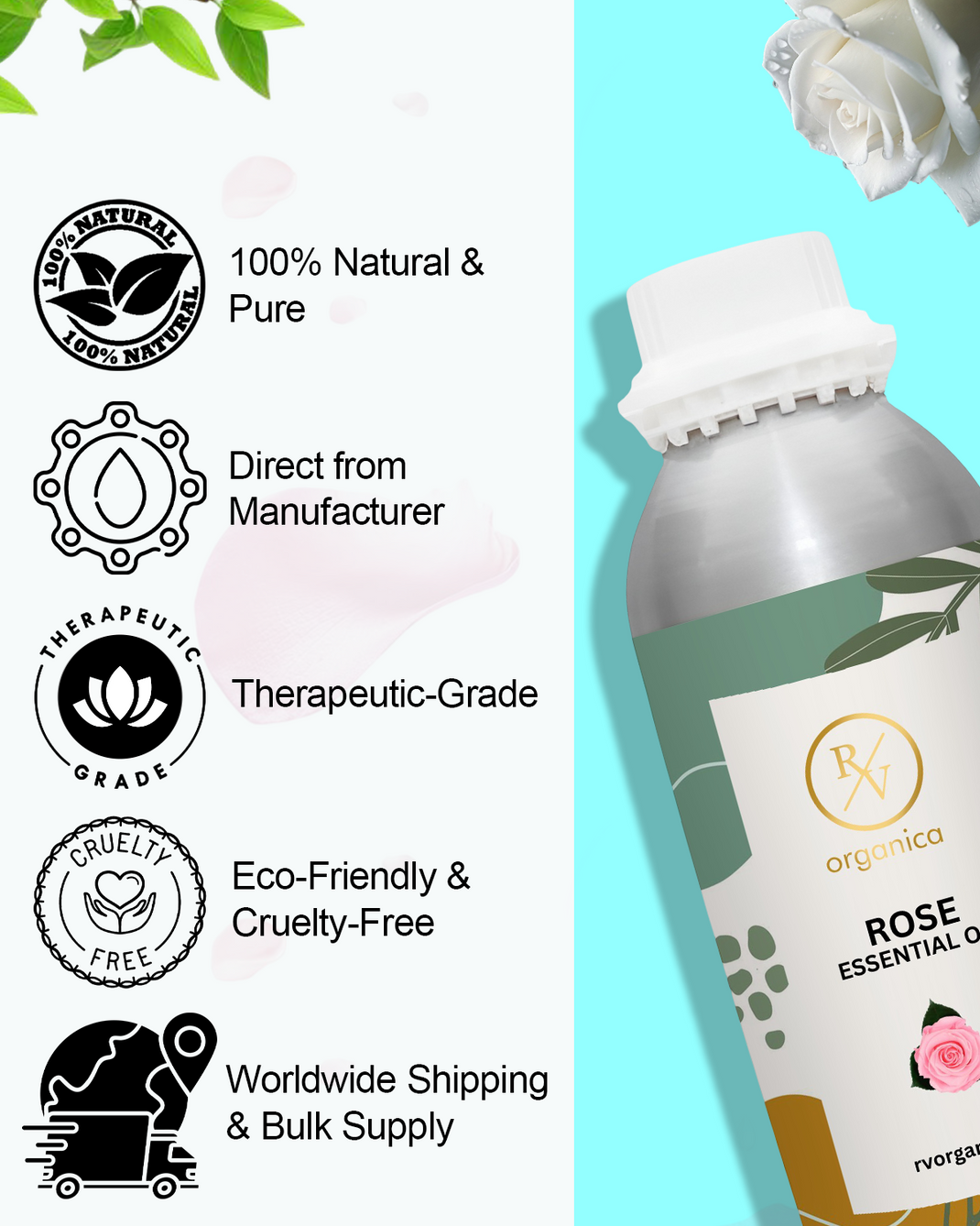 RV Organica pure essential oil aluminium bottle — direct manufacturer and bulk supplier in India