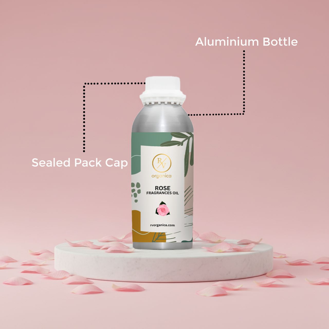 RV Organica rose fragrance oil sealed aluminium bottle packaging pure safe and premium quality product