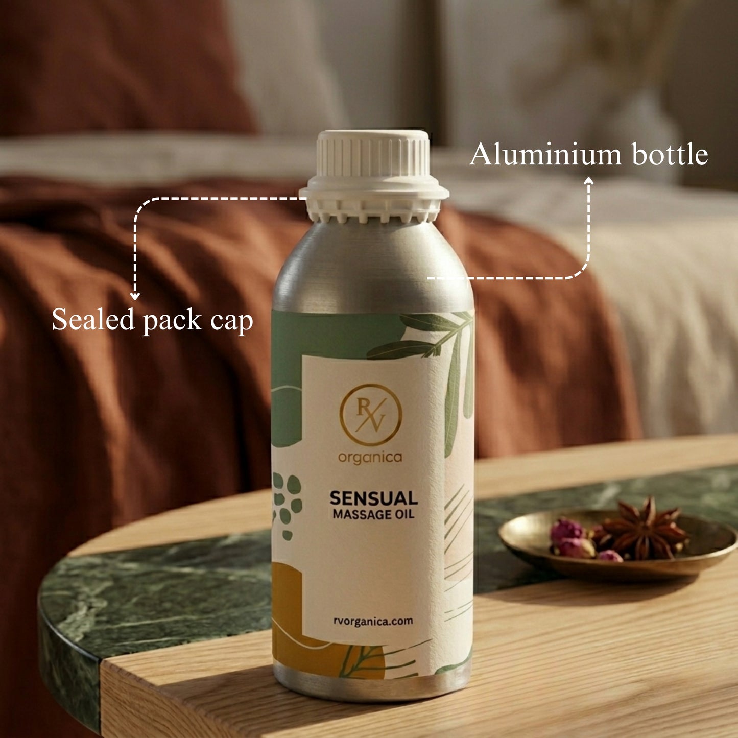 RV Organica sensual massage oil sealed aluminium bottle packaging pure safe and premium quality product