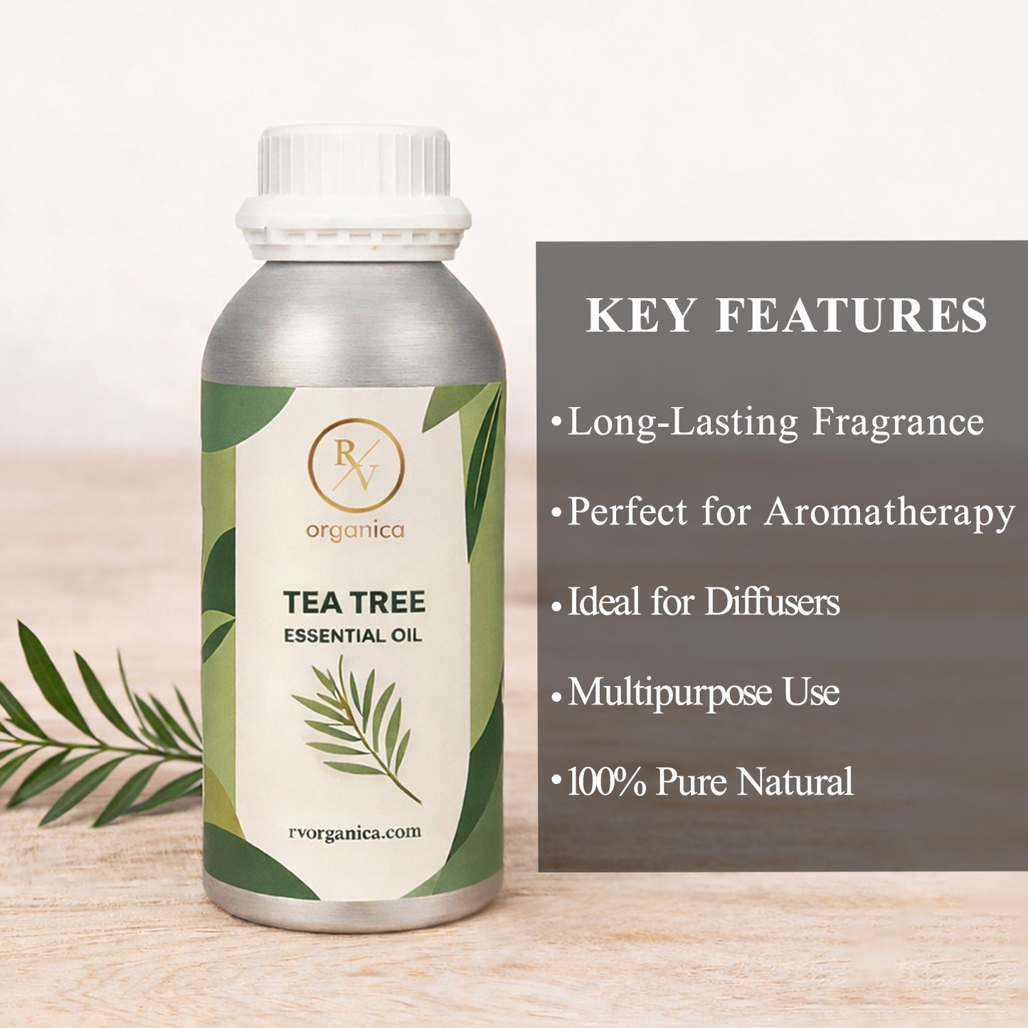 RV Organica tea tree essential oil key features and benefits for skin care hair care aromatherapy and wellness use