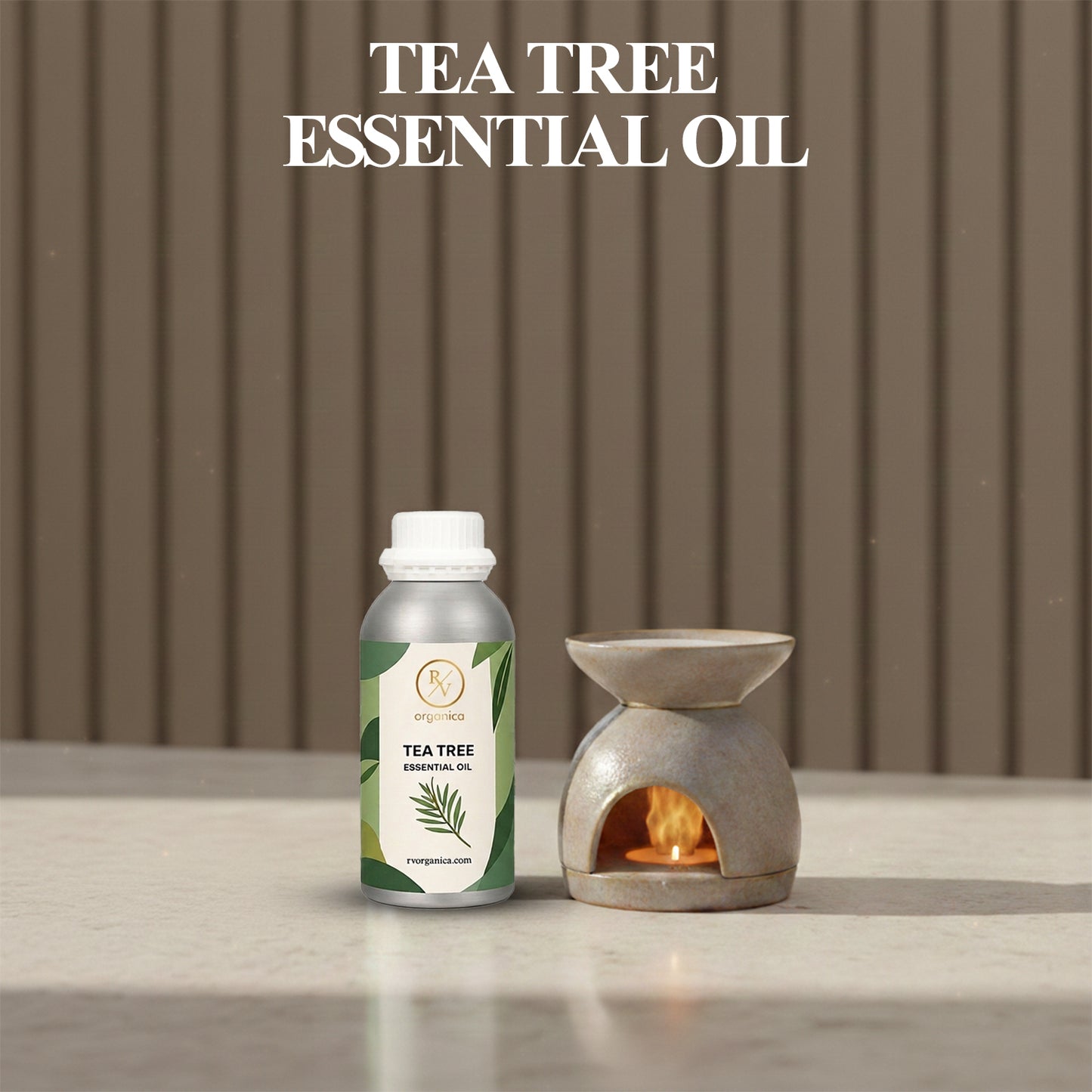 RV Organica tea tree essential oil original product bottle with label packaging