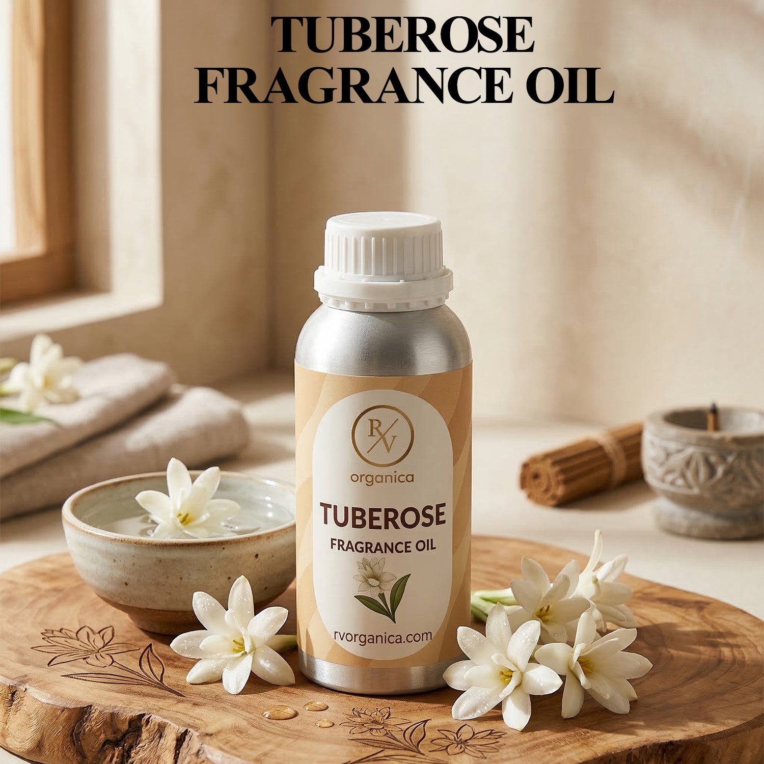 RV Organica tuberose fragrance oil original product bottle with label packaging