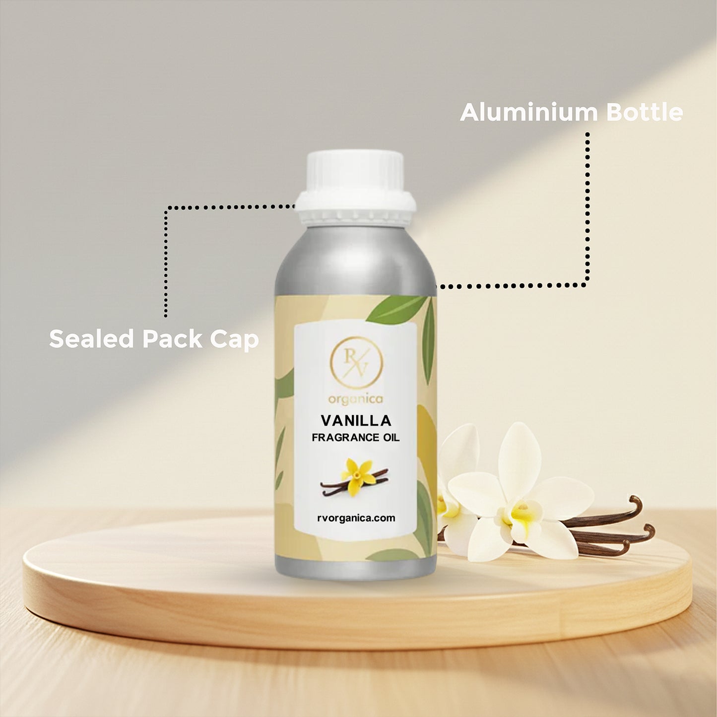 RV Organica vanilla fragrance oil sealed aluminium bottle packaging pure and safe product