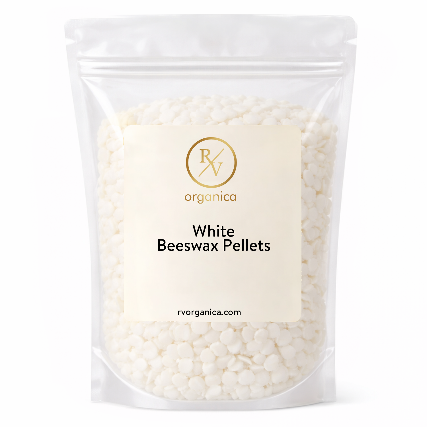 RV Organica white beeswax pellets for refined natural candle making and cosmetic formulations