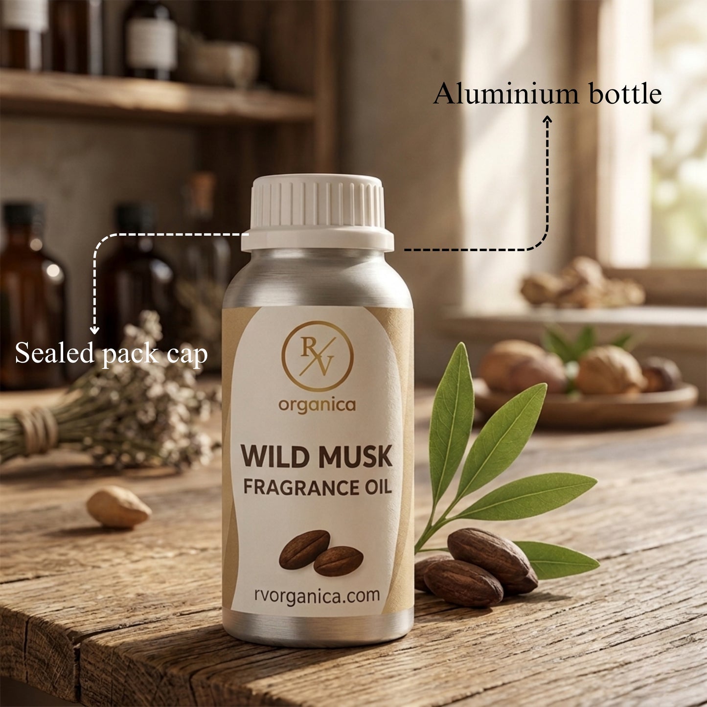 RV Organica wild musk fragrance oil sealed aluminium bottle packaging pure safe and premium quality product