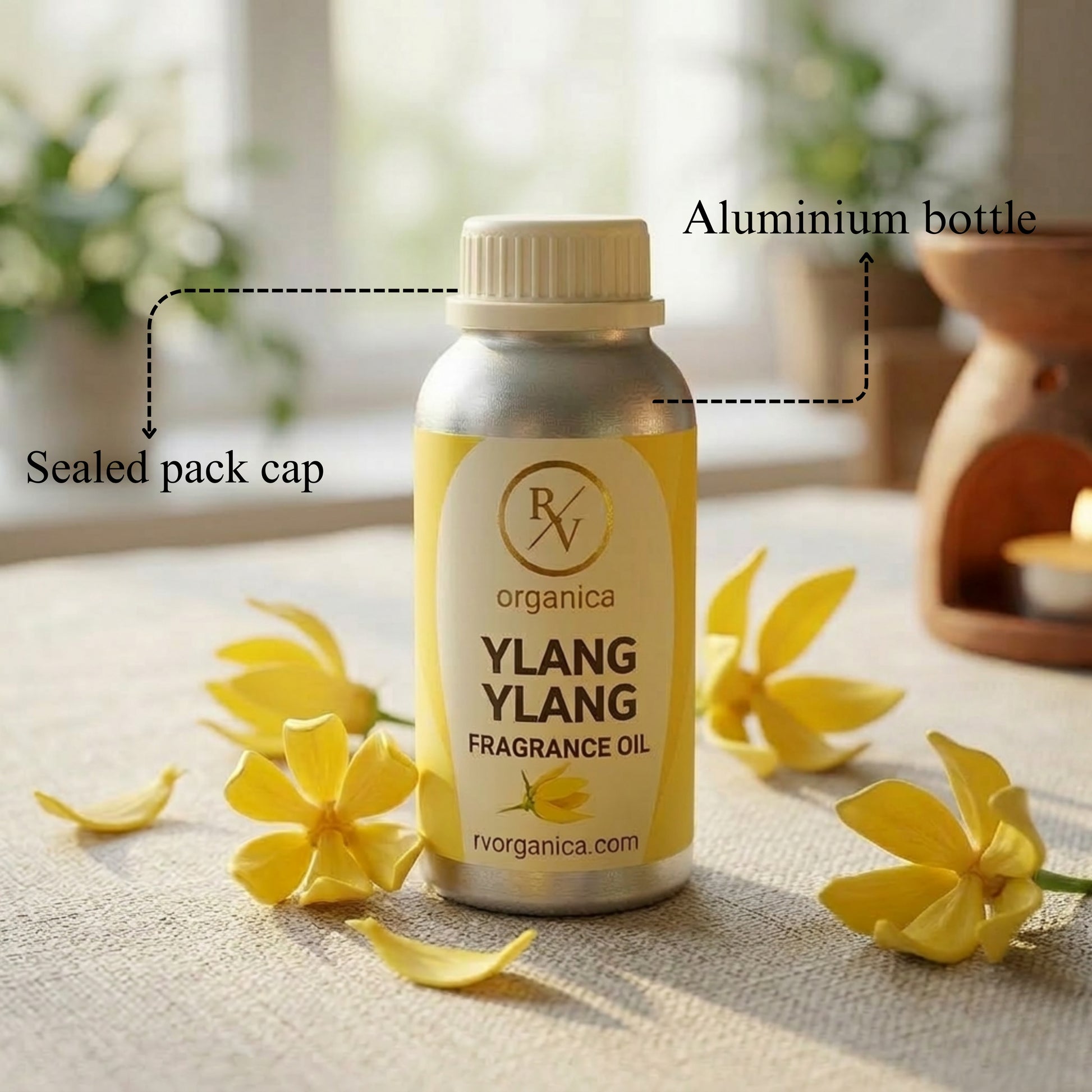 RV Organica ylang ylang fragrance oil sealed aluminium bottle packaging pure and safe product