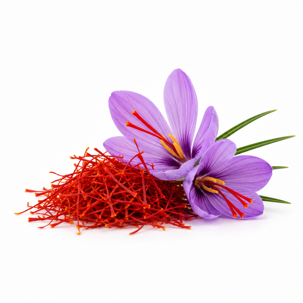 Purple saffron flowers with red saffron threads on white background