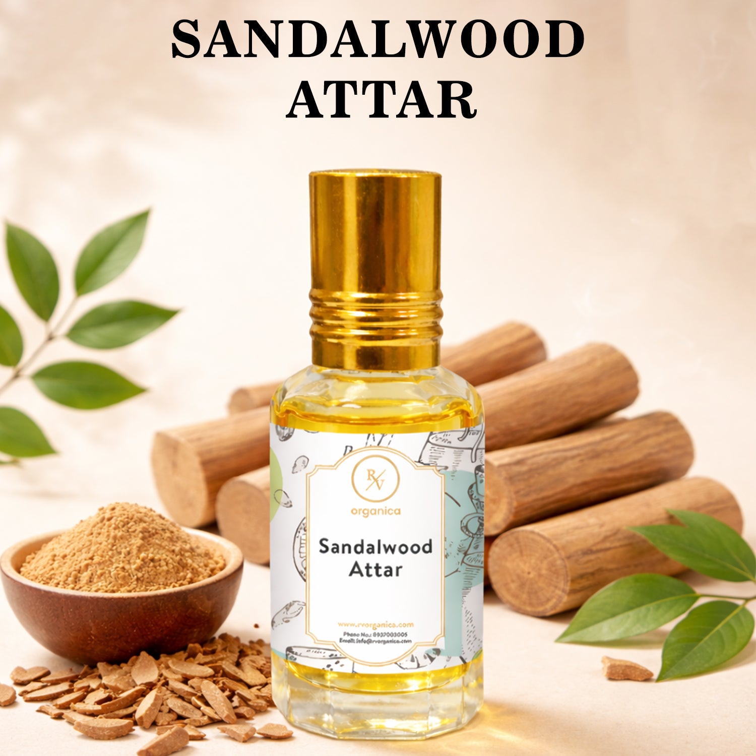 Sandalwood Attar perfume oil bottle with label warm woody rich aroma long lasting traditional attar fragrance