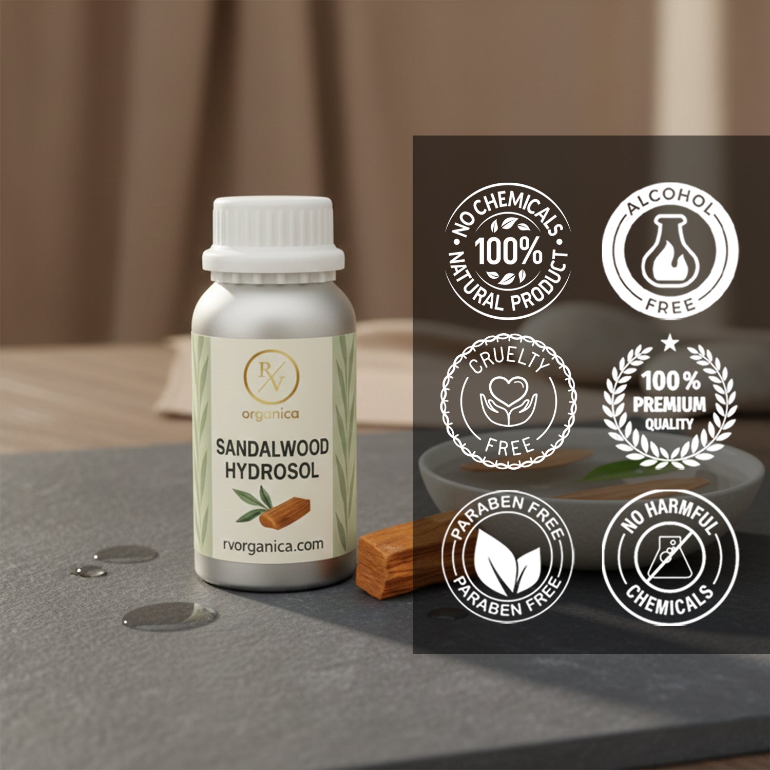 Sandalwood Hydrosol 100 percent natural skincare product, paraben free, alcohol free, cruelty free and chemical free herbal facial toner.