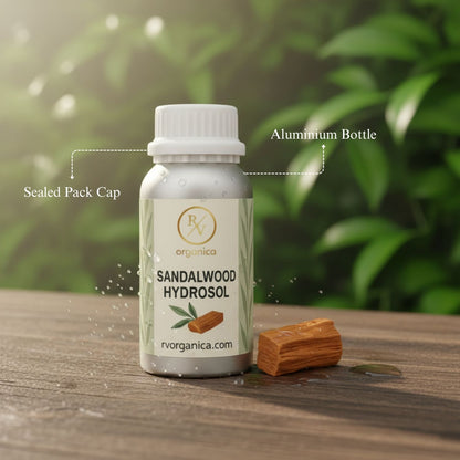 Sandalwood Hydrosol in aluminium bottle with sealed pack cap, natural organic skincare toner with pure sandalwood sticks on wooden surface.