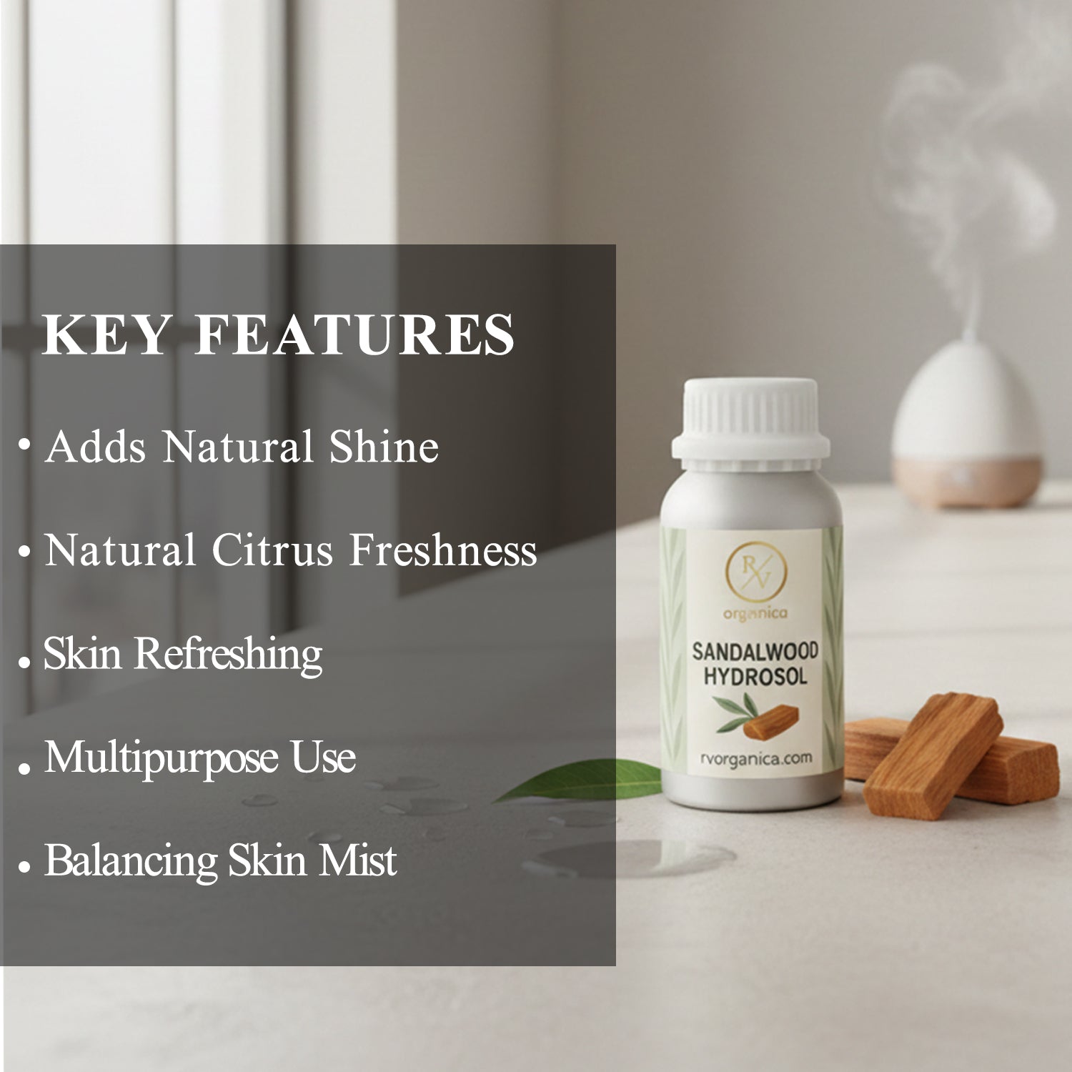 Sandalwood Hydrosol natural skin mist that adds shine, refreshes skin, balances oil and offers multipurpose skincare benefits.