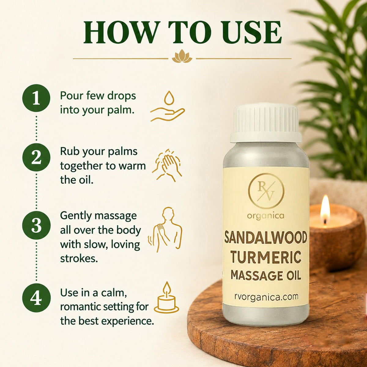 How to use sandalwood turmeric massage oil - step by step guide for warming and applying oil