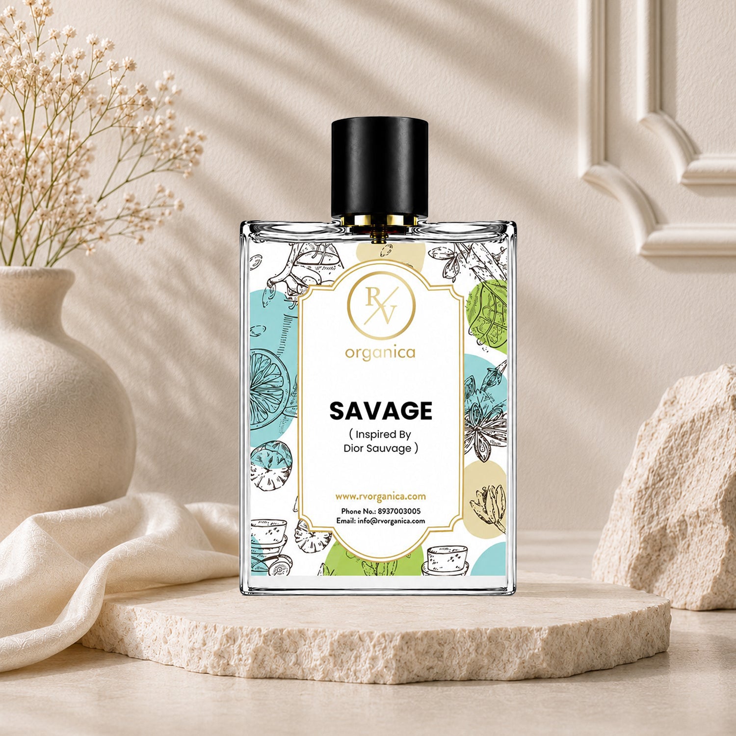 Luxury lifestyle image of RV Organica Savage Inspired Fragrance perfume displayed in a premium elegant setting.
