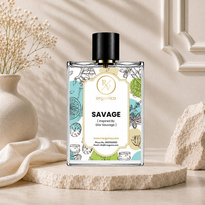 Luxury lifestyle image of RV Organica Savage Inspired Fragrance perfume displayed in a premium elegant setting.