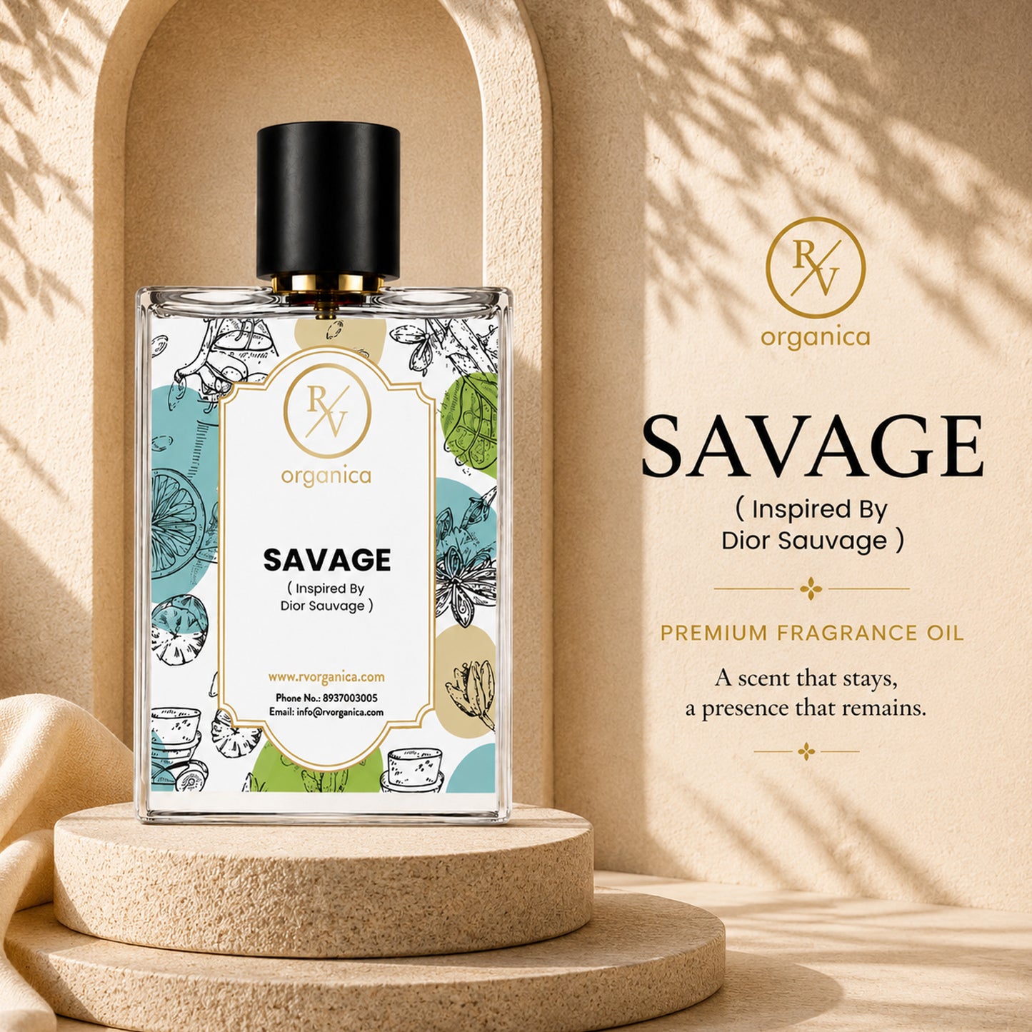 RV Organica Savage Inspired Fragrance premium perfume bottle with elegant packaging and long-lasting luxury fragrance.