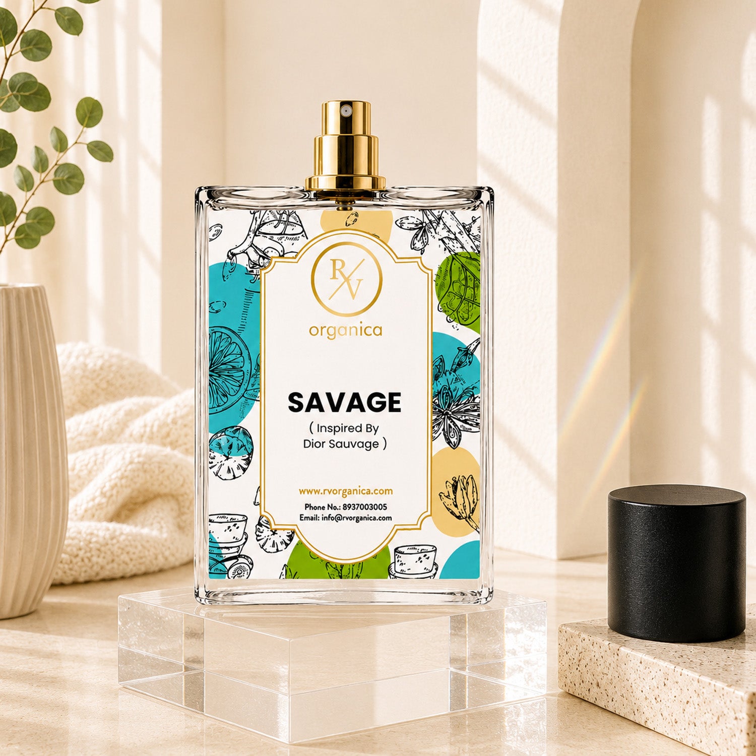 Savage Inspired Fragrance by RV Organica premium perfume bottle with luxury glass design and removable cap.
