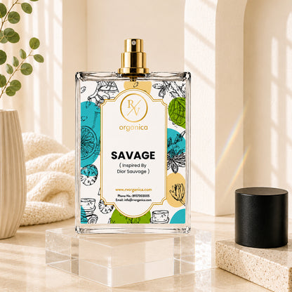 Savage Inspired Fragrance by RV Organica premium perfume bottle with luxury glass design and removable cap.