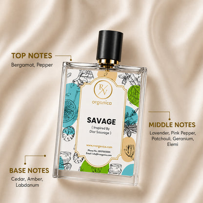 RV Organica Savage Inspired Fragrance perfume featuring top notes of Bergamot and Pepper, middle notes of Lavender, Pink Pepper, Patchouli, Geranium and Elemi, with base notes of Cedar, Amber and Labdanum for a long-lasting woody aromatic fragrance.