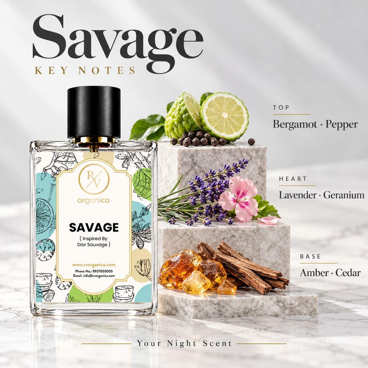 Savage perfume notes – bergamot and pepper top, lavender and geranium heart, amber and cedar base