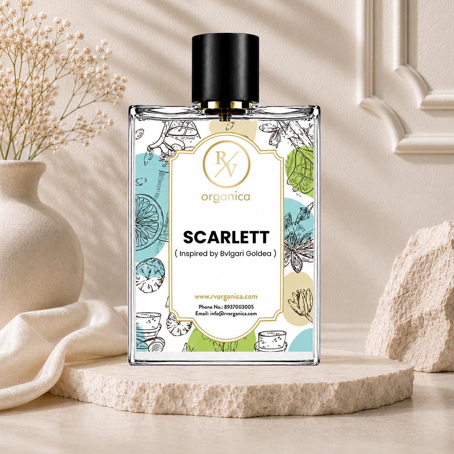 Luxury lifestyle image of RV Organica Scarlett Inspired Fragrance perfume displayed in an elegant premium setting.