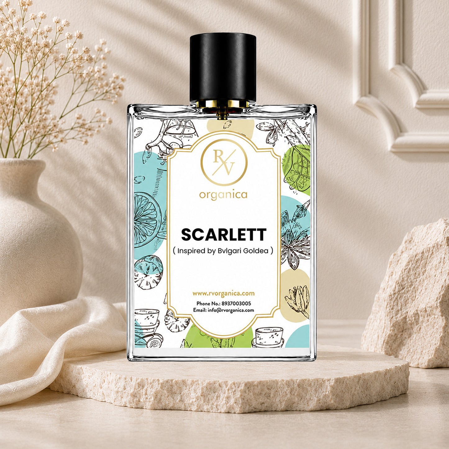 Luxury lifestyle image of RV Organica Scarlett Inspired Fragrance perfume displayed in an elegant premium setting.