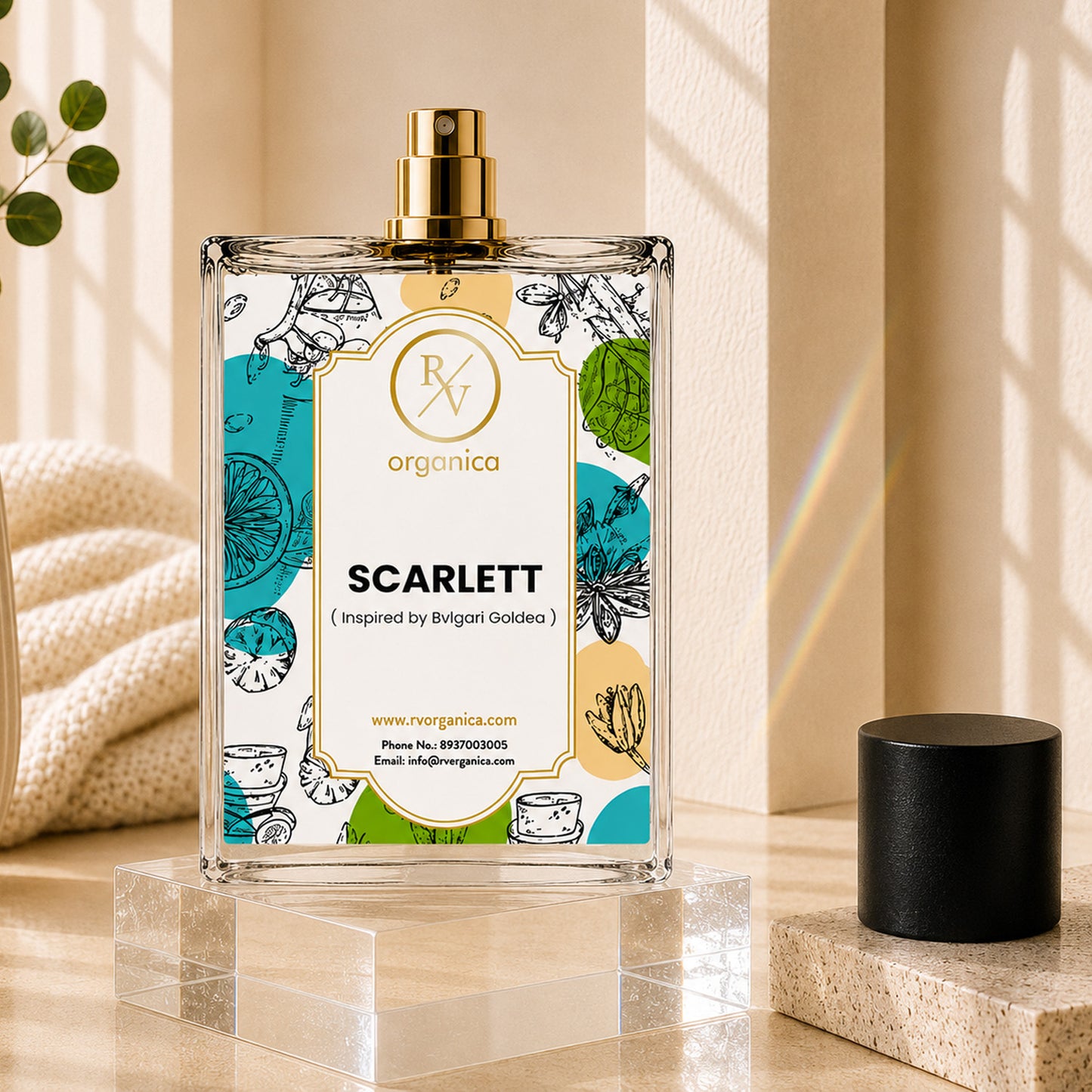 Scarlett Inspired Fragrance by RV Organica premium perfume bottle with luxury glass design and removable cap.