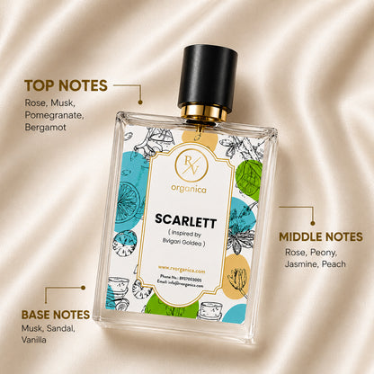 RV Organica Scarlett Inspired Fragrance featuring top notes of Rose, Musk, Pomegranate and Bergamot, middle notes of Rose, Peony, Jasmine and Peach, with base notes of Musk, Sandal and Vanilla for a long-lasting floral fragrance.