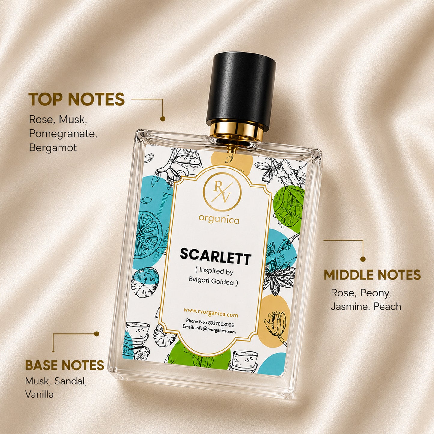 RV Organica Scarlett Inspired Fragrance featuring top notes of Rose, Musk, Pomegranate and Bergamot, middle notes of Rose, Peony, Jasmine and Peach, with base notes of Musk, Sandal and Vanilla for a long-lasting floral fragrance.