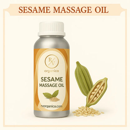 Pure organic sesame body massage oil bottle from RV Organica for Abhyanga massage