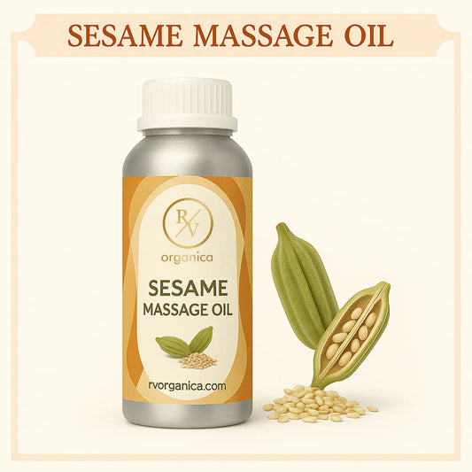 Pure organic sesame body massage oil bottle from RV Organica for Abhyanga massage
