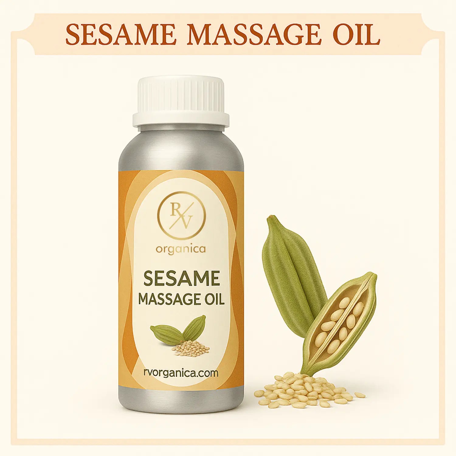 Pure organic sesame body massage oil bottle from RV Organica for Abhyanga massage