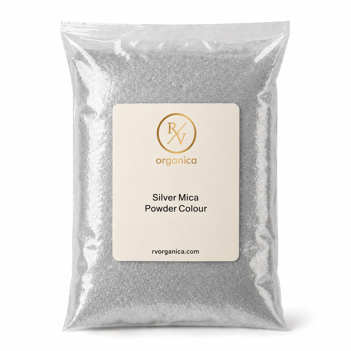 Silver mica powder in a clear packaging with RV Organica label on a white background
