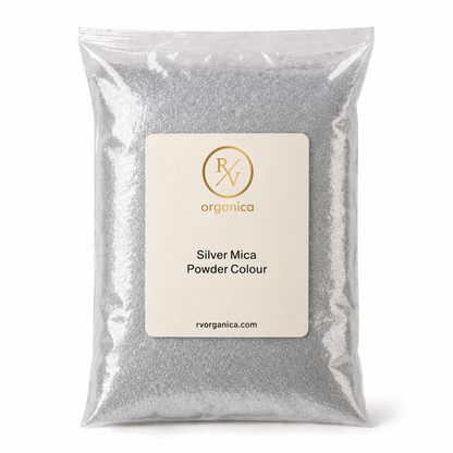Silver mica powder in a clear packaging with RV Organica label on a white background