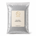 Silver mica powder in a clear packaging with RV Organica label on a white background