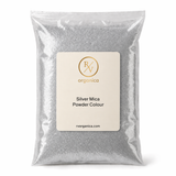 Silver mica powder in a clear packaging with RV Organica label on a white background