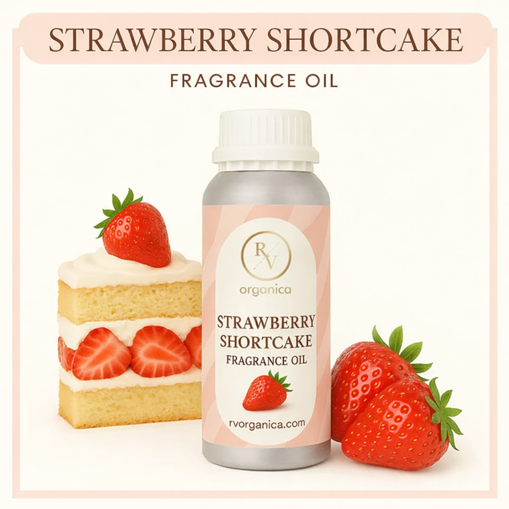 Premium Strawberry Shortcake fragrance oil in clear glass bottle